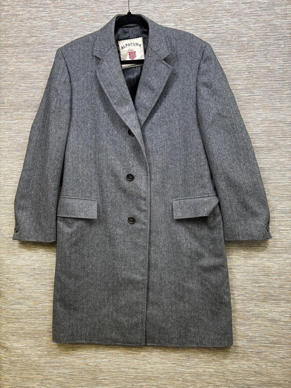 Vintage Alpacuna Coat Mens Large Gray Wool Herringbone Overcoat Hughes & Hatcher